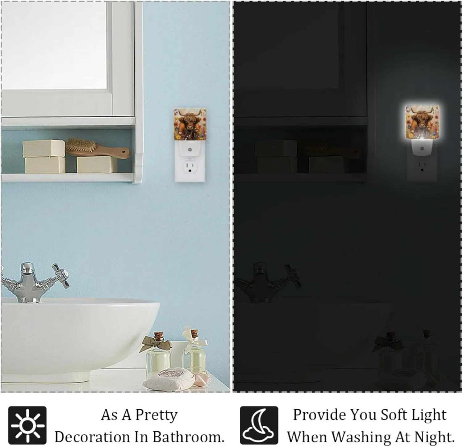 NEWzone Highland Cow Floral Rustic Night Light 0.5W, Plug in Night Lights for Boys Girls Led Night Light Dusk to Dawn Sensor Nightlight for Stairway/Hallway/Bedroom