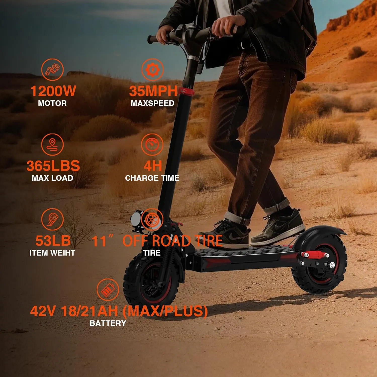 Off Road Electric Scooter Adults, 1200W Moter, 48V 18AH/21AH Battery, Max 35 Mile Range 35 Mph Power, 11" Off Road All-Terrain Tire, Folding E Scooter with Seat, Dual Suspensio