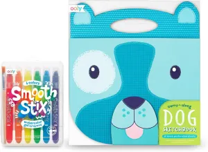 Ooly Smooth Stix Gel Crayons for Kids and Adults with Paint Brush - Set of 6 & Carry Along Sketchbook for Kids, 60 Pages, 9 x 7 inches, Portable Sketch Book, Drawing Pad for Travel - Dog
