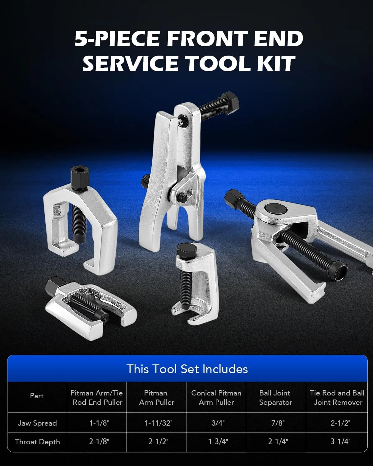 Orion Motor Tech OMT 5-in-1 Ball Joint Separator, Pitman Arm Puller, Tie Rod End Tool Set for Front End Service, Splitter Removal Kit (RD06)
