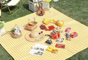 Outdoor Camping Ground Mat, 78.7 x 118 inches, Checkered Orange and White, with Storage Bag