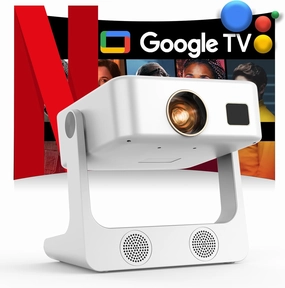 Outdoor-Projector-4K [1200 ANSI/Google TV/Voice Control] Smart Projector with WiFi 6 and Bluetooth, 10,000  Apps, AI Focus Portable Proyector with Netflix, Sovbio 1080P Audio Movie Home [180° Stand]
