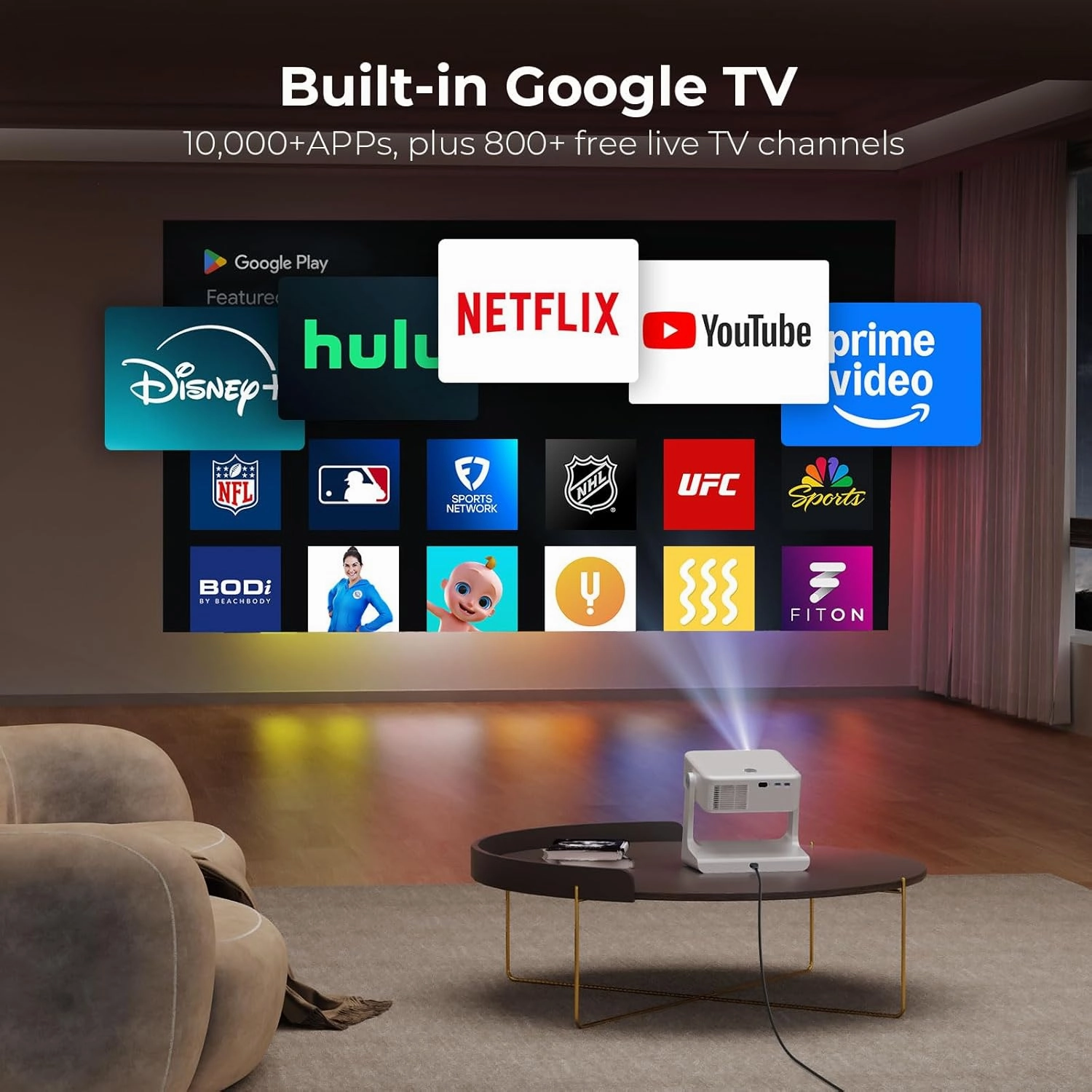Outdoor-Projector-4K [1200 ANSI/Google TV/Voice Control] Smart Projector with WiFi 6 and Bluetooth, 10,000  Apps, AI Focus Portable Proyector with Netflix, Sovbio 1080P Audio Movie Home [180° Stand]
