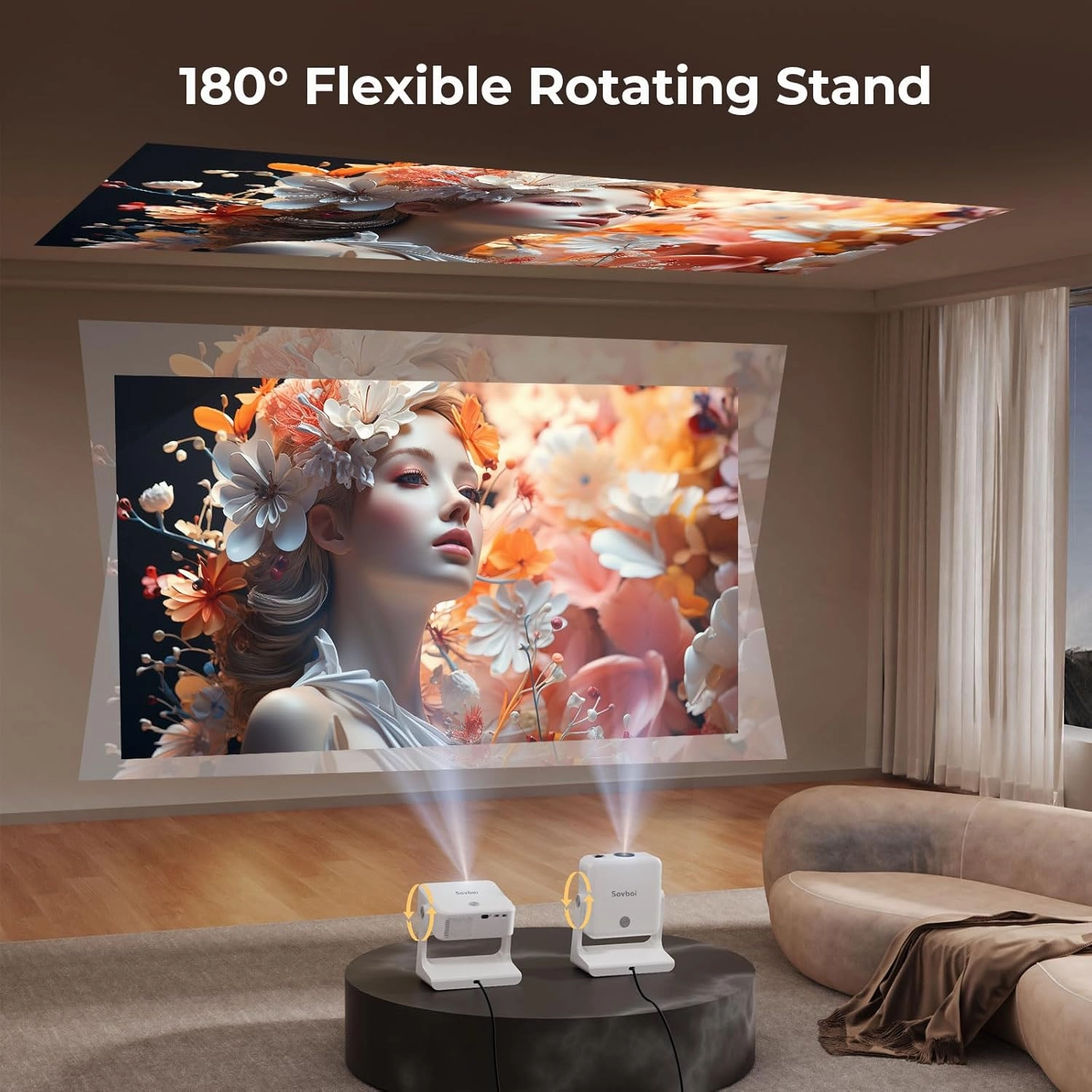 Outdoor-Projector-4K [1200 ANSI/Google TV/Voice Control] Smart Projector with WiFi 6 and Bluetooth, 10,000  Apps, AI Focus Portable Proyector with Netflix, Sovbio 1080P Audio Movie Home [180° Stand]