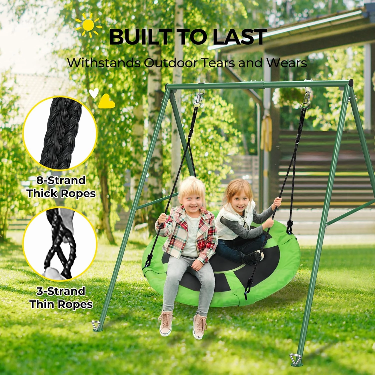 PACEARTH 440lbs Capacity Flying Saucer Swing Set with Heavy Duty A-Frame Metal Swing Stand, Full Steel, Outdoor for Kids, Backyard, Playground, Outdoor,Green