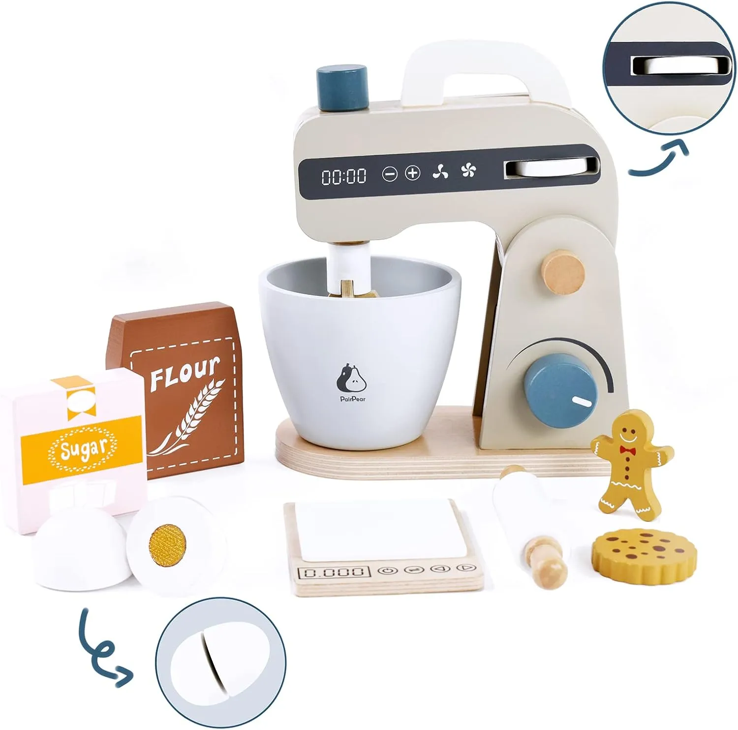 PairPear Play Food Stand Mixer, Wooden Toys Bake Cookies Playset, Multi-Function Play Kitchen Accessories for Kids Ages 3 