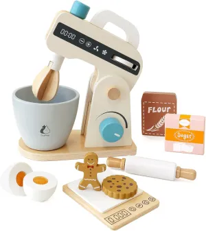 PairPear Play Food Stand Mixer, Wooden Toys Bake Cookies Playset, Multi-Function Play Kitchen Accessories for Kids Ages 3 