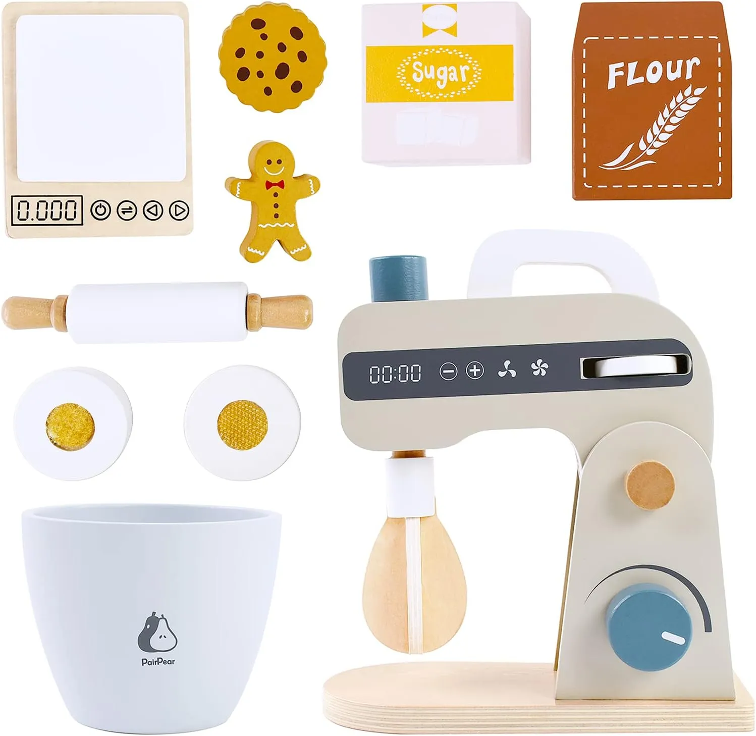PairPear Play Food Stand Mixer, Wooden Toys Bake Cookies Playset, Multi-Function Play Kitchen Accessories for Kids Ages 3 