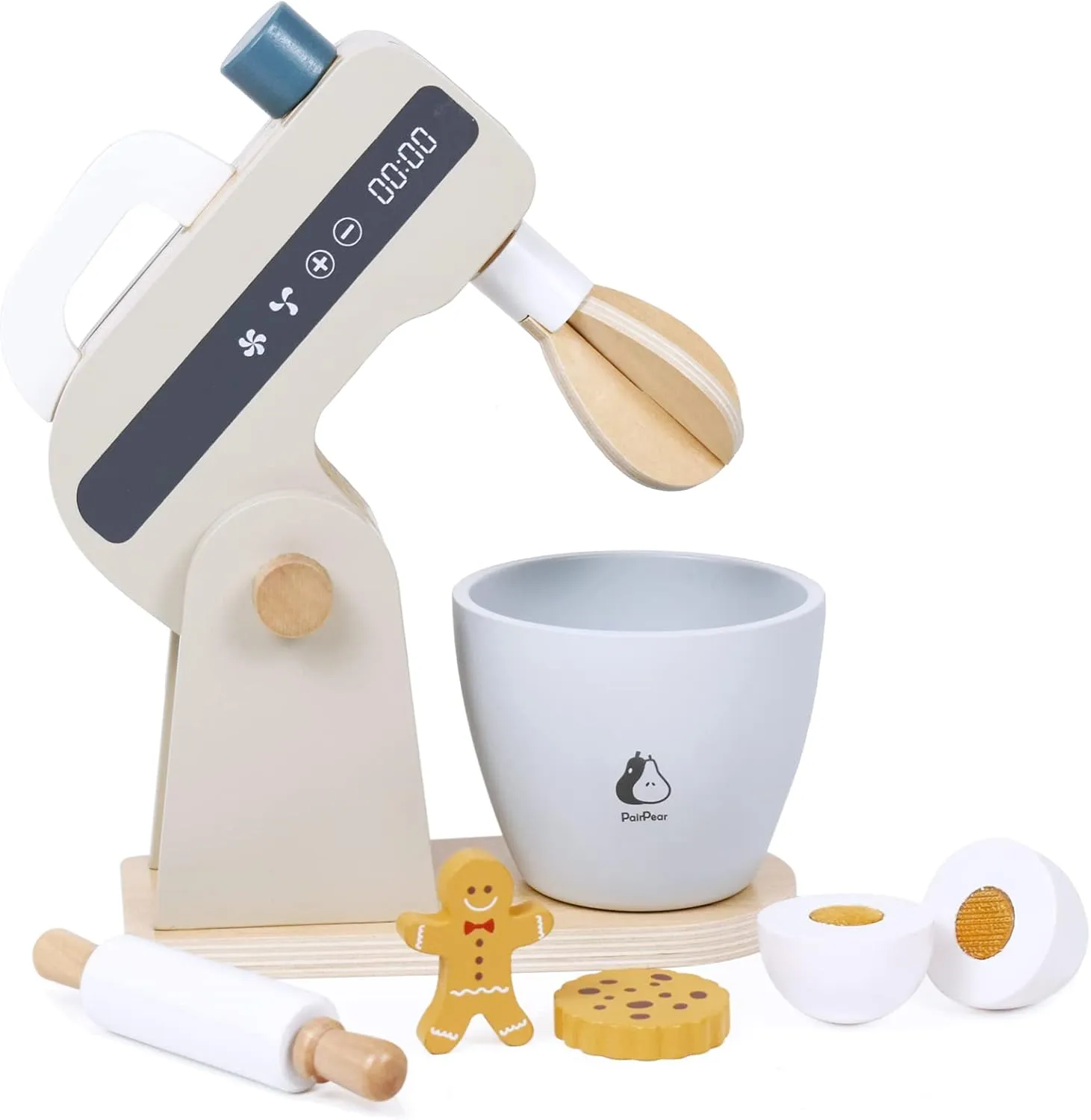 PairPear Play Food Stand Mixer, Wooden Toys Bake Cookies Playset, Multi-Function Play Kitchen Accessories for Kids Ages 3 