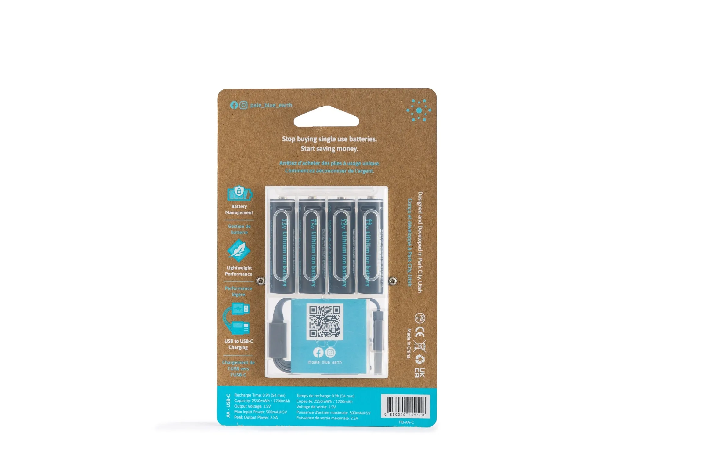 Pale Blue Earth AA USB-C Rechargeable Batteries
