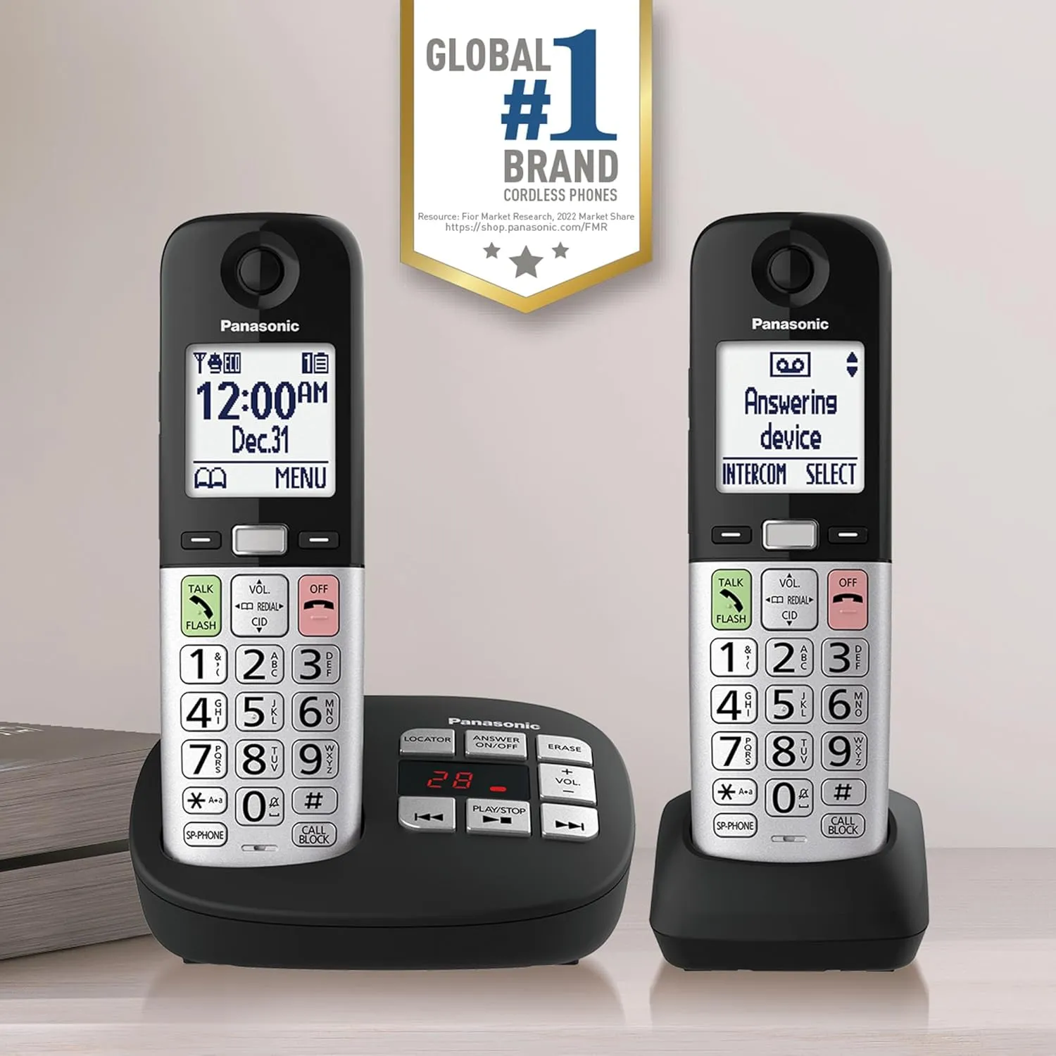 Panasonic Cordless Phone, Easy to Use with Large Display and Big Buttons, Flashing Favorites Key, Built in Flashlight, Call Block, Volume Boost, Talking Caller ID, 2 Cordless Handsets - KX-TGU432B
