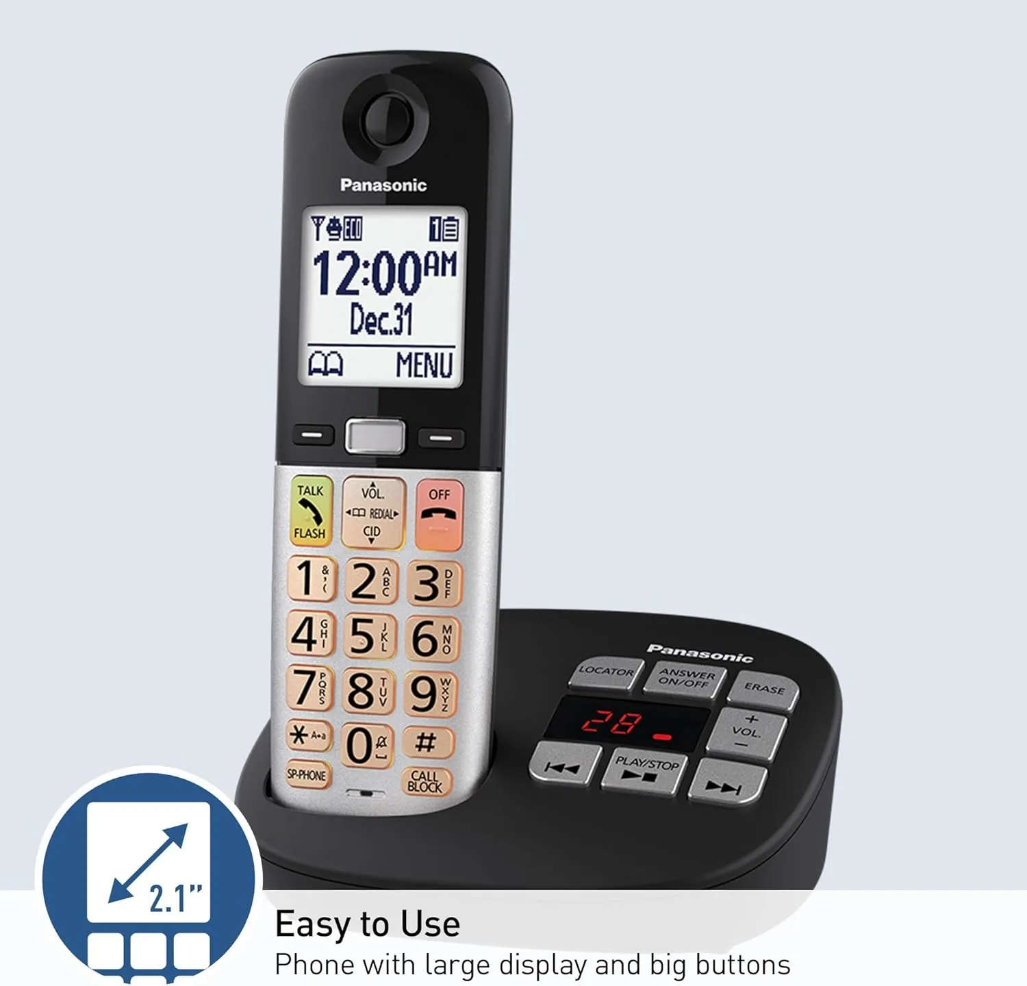 Panasonic Cordless Phone, Easy to Use with Large Display and Big Buttons, Flashing Favorites Key, Built in Flashlight, Call Block, Volume Boost, Talking Caller ID, 2 Cordless Handsets - KX-TGU432B