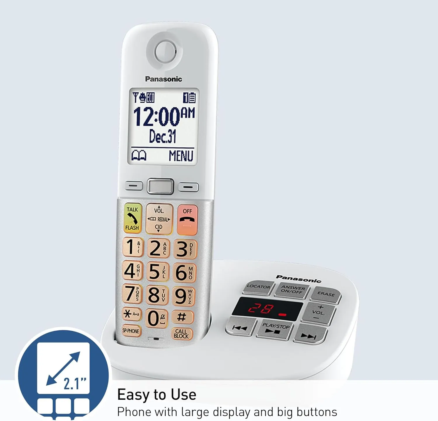 Panasonic Cordless Phone, Easy to Use with Large Display and Big Buttons, Flashing Favorites Key, Built in Flashlight, Call Block, Volume Boost, Talking Caller ID, 2 Cordless Handsets - KX-TGU433W