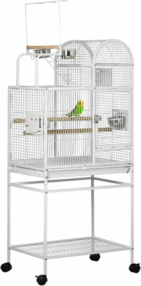 PawHut 55" Large Parrot Cage with Toy Hooks Above Top Bird Perch, Tray, Food Cups, Rolling Stand, Bird Cage for Cockatiels, Parakeets, Lovebirds