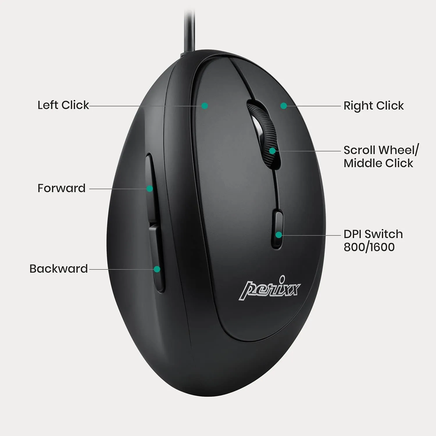 Perixx PERIMICE-519 Wired Ergonomic Vertical Mouse - Portable Small Design - 105x67x58 mm - Right Handed Black