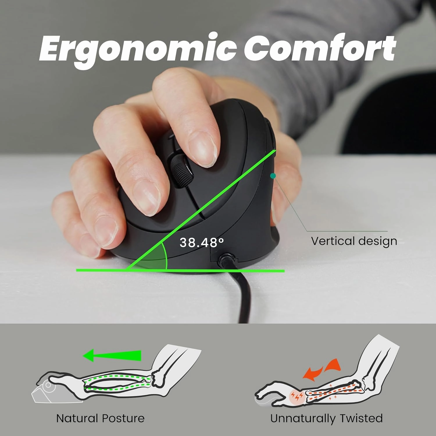 Perixx PERIMICE-519 Wired Ergonomic Vertical Mouse - Portable Small Design - 105x67x58 mm - Right Handed Black
