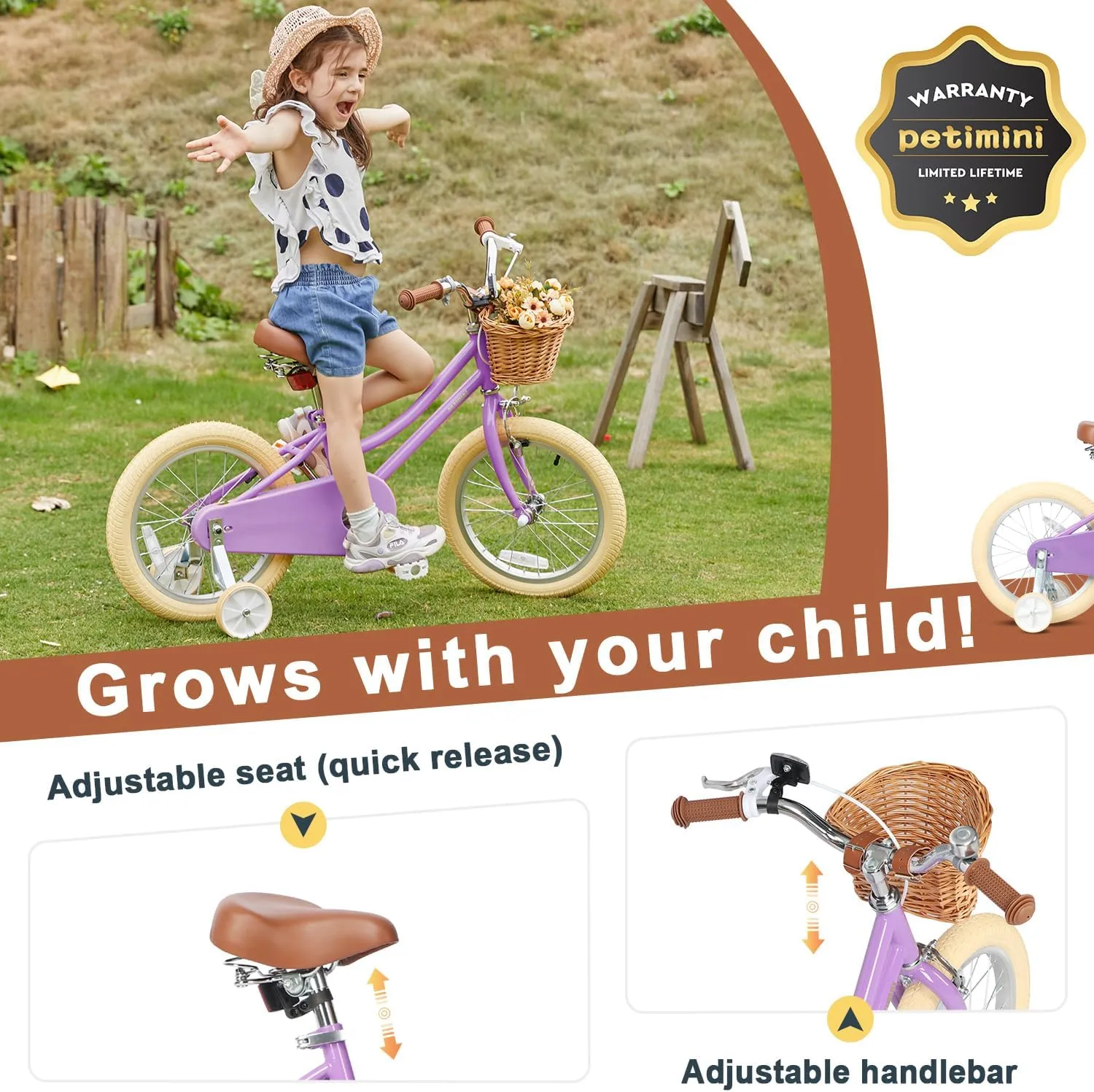 Petimini Girls Bike with Basket for 2-12 Years Old Kids, 12 14 16 18 20 Inch Bicycle with Bell Training Wheels, Multiple Colors