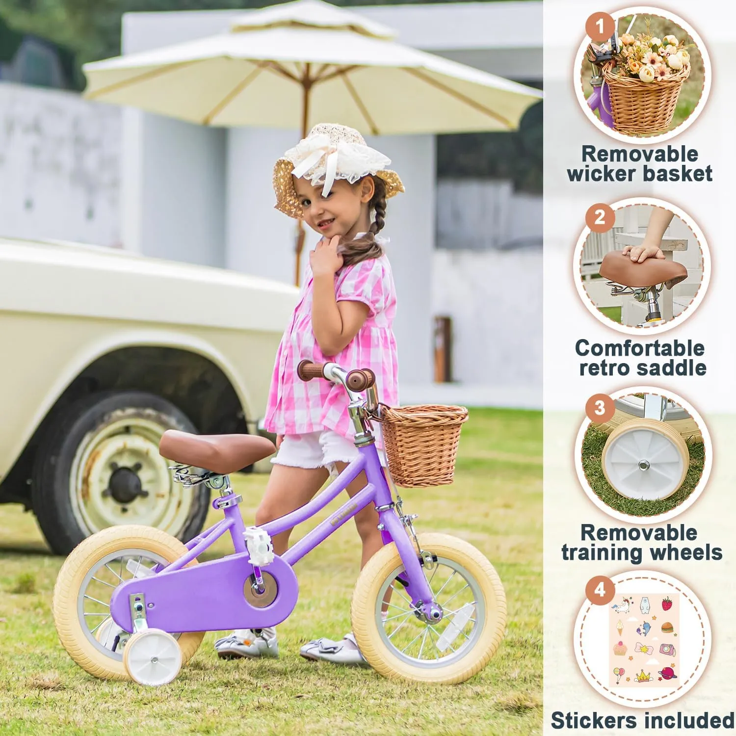 Petimini Girls Bike with Basket for 2-12 Years Old Kids, 12 14 16 18 20 Inch Bicycle with Bell Training Wheels, Multiple Colors