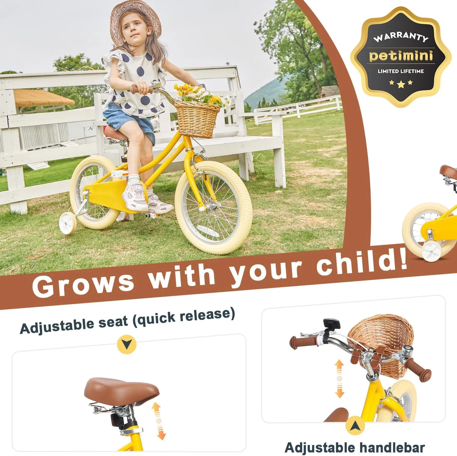 Petimini Girls Bike with Basket for 2-12 Years Old Kids, 12 14 16 18 20 Inch Bicycle with Bell Training Wheels, Multiple Colors