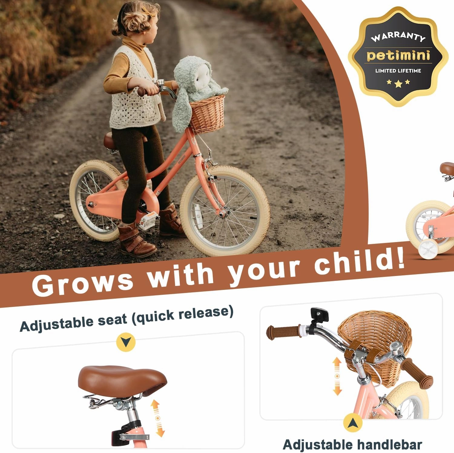 Petimini Girls Bike with Basket for 2-12 Years Old Kids, 12 14 16 18 20 Inch Bicycle with Bell Training Wheels, Multiple Colors