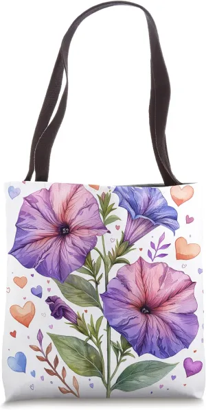Petunia Flowers With Hearts Around Boho Style Graphic Tote Bag