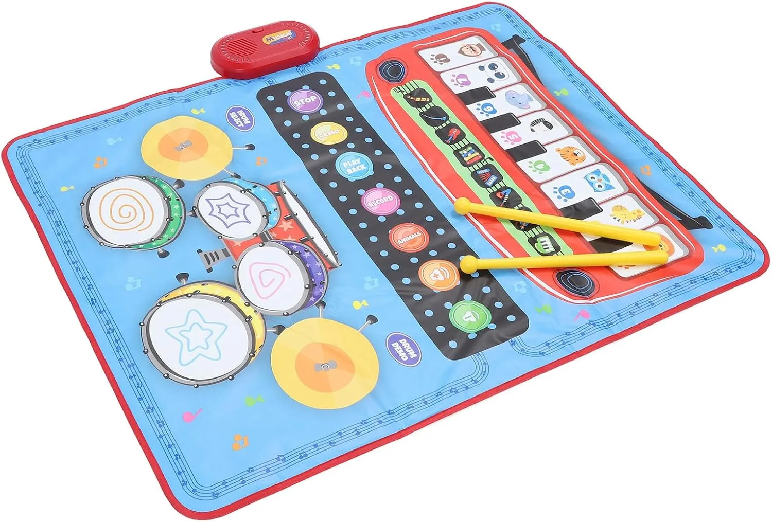 Piano Keyboard Drum Mat Set, Anti Slip Baby Musical Mat Adorable 3 in 1 Multifunctional Enjoyable with Drumsticks for Club (Blue)