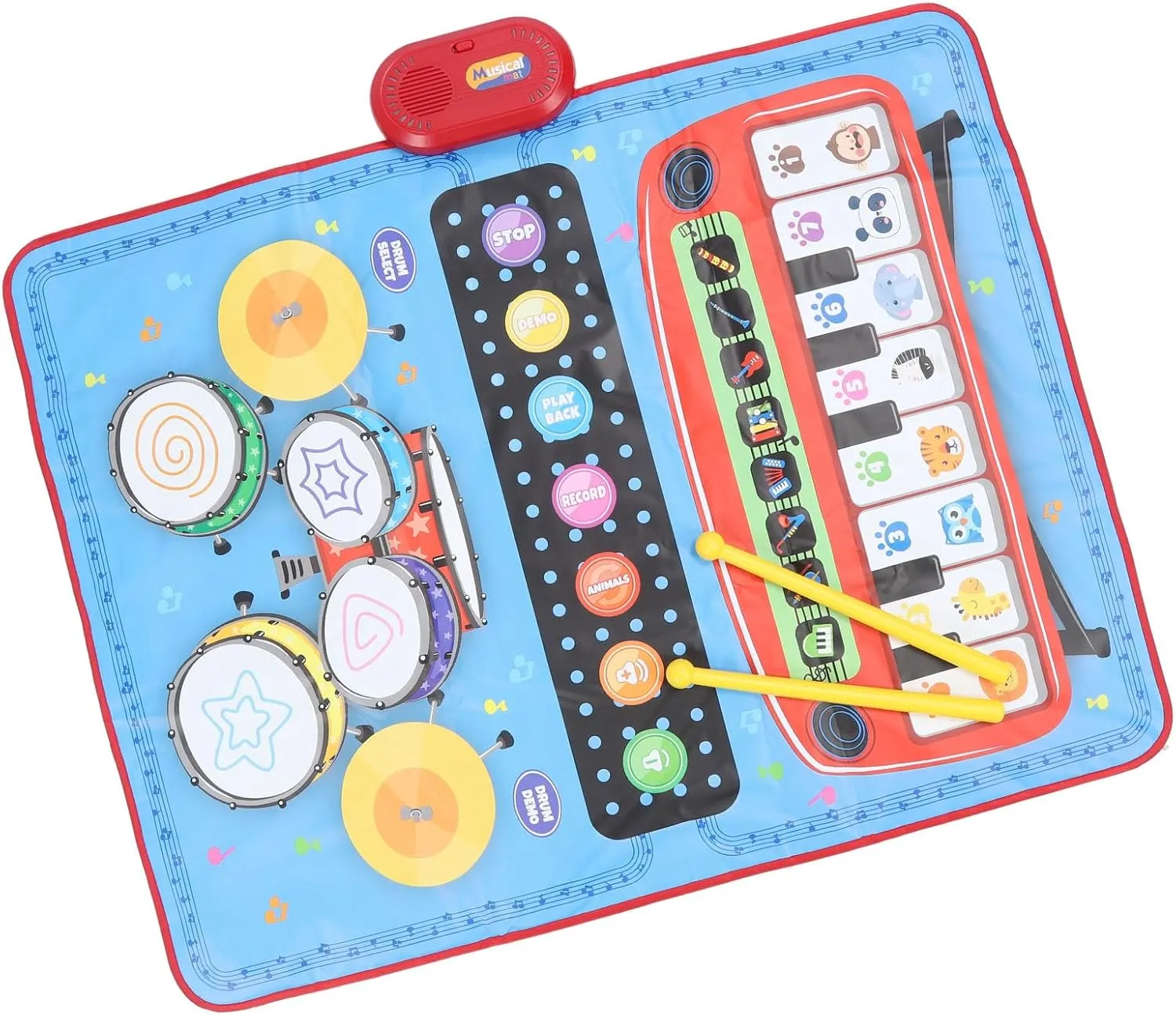 Piano Keyboard Drum Mat Set, Anti Slip Baby Musical Mat Adorable 3 in 1 Multifunctional Enjoyable with Drumsticks for Club (Blue)
