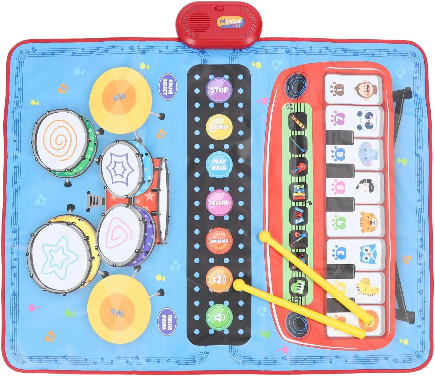 Piano Keyboard Drum Mat Set, Anti Slip Baby Musical Mat Adorable 3 in 1 Multifunctional Enjoyable with Drumsticks for Club (Blue)