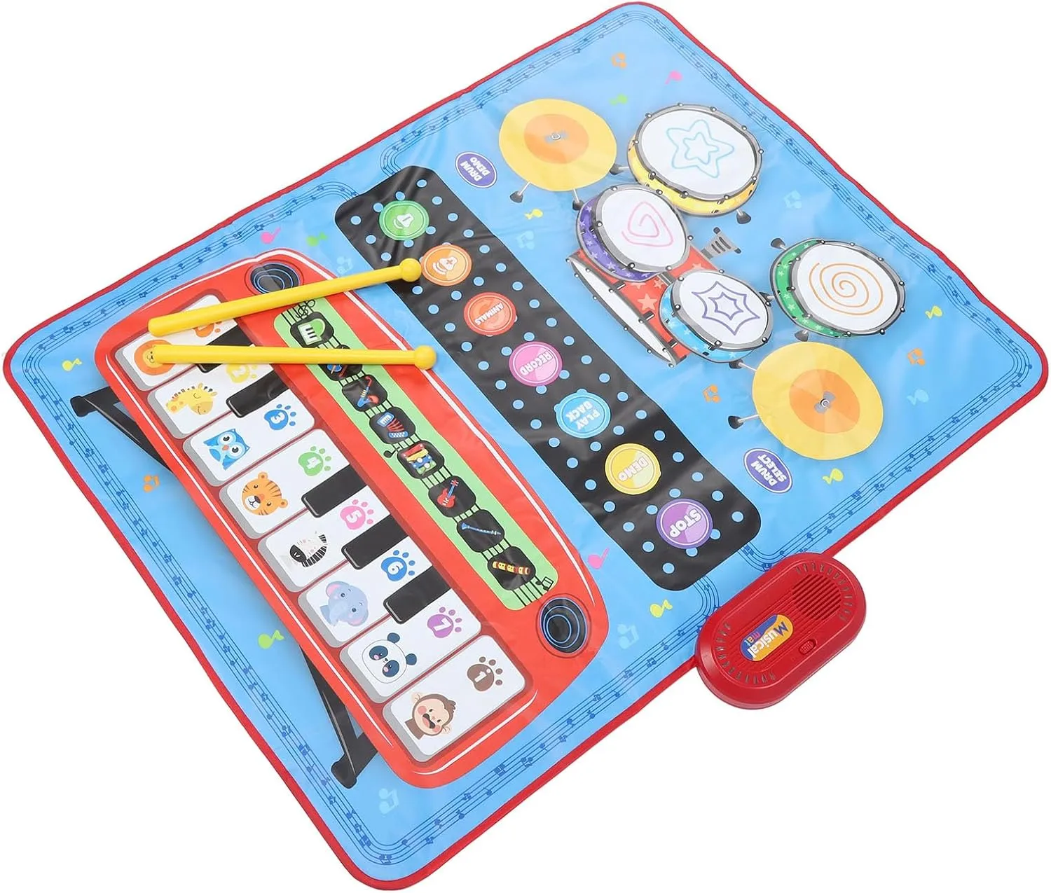 Piano Keyboard Drum Mat Set, Anti Slip Baby Musical Mat Adorable 3 in 1 Multifunctional Enjoyable with Drumsticks for Club (Blue)