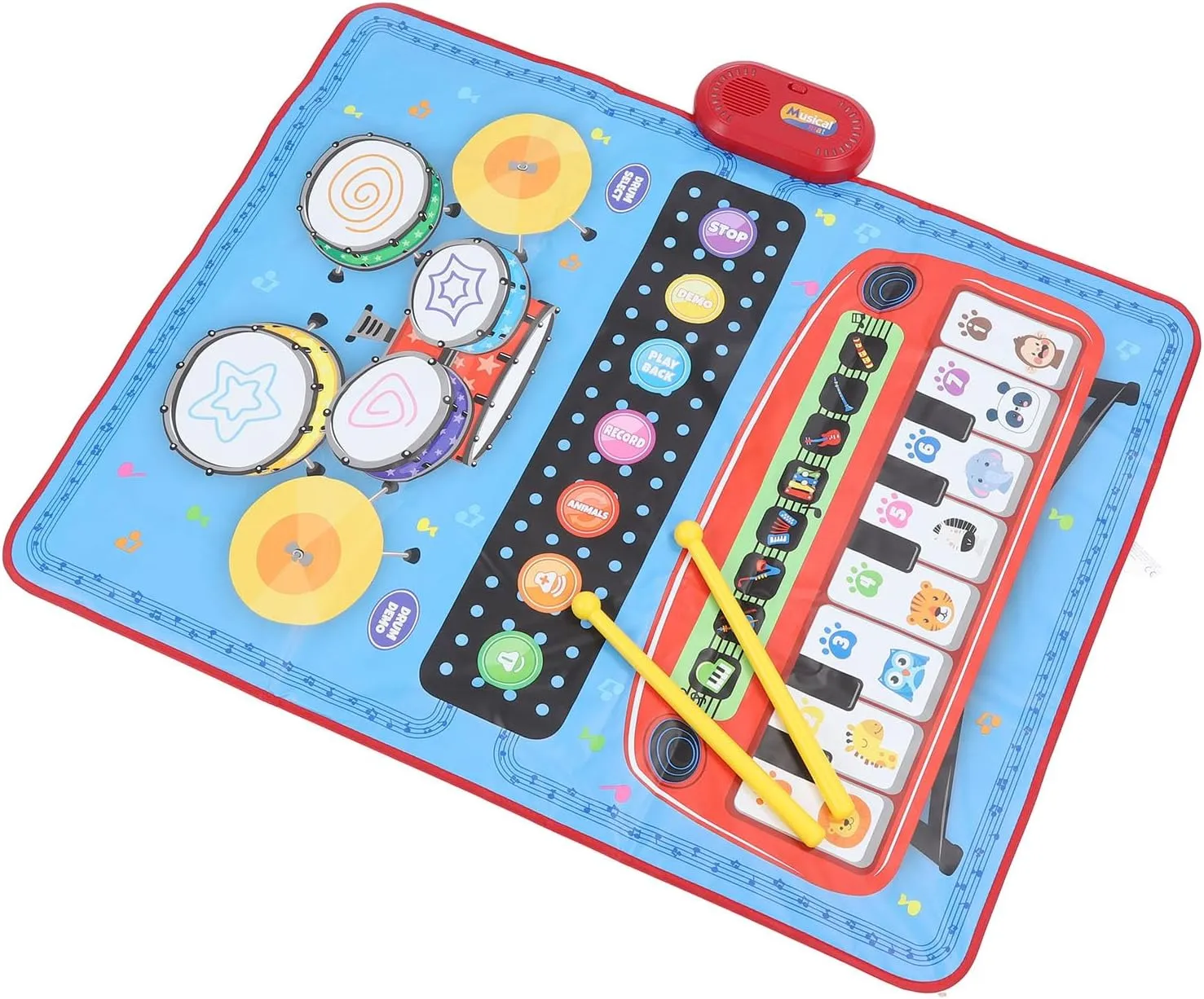 Piano Keyboard Drum Mat Set, Anti Slip Baby Musical Mat Adorable 3 in 1 Multifunctional Enjoyable with Drumsticks for Club (Blue)