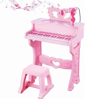 Piano for Kids Keyboard Toy for Kids 37-Key Kids Electronic Musical Instrument Piano Learning Toy Gift Educational Music Toy with Microphone and Stool Multiple Music Modes, Light, Pink
