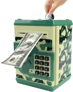 Piggy Bank Electronic Mini ATM for Kids Baby Toy, Auto Scroll Paper Money Safe Coin Banks Saving Box Password Code Lock for Children,Boys Girls Best Birthday Gift (Camouflage Green)