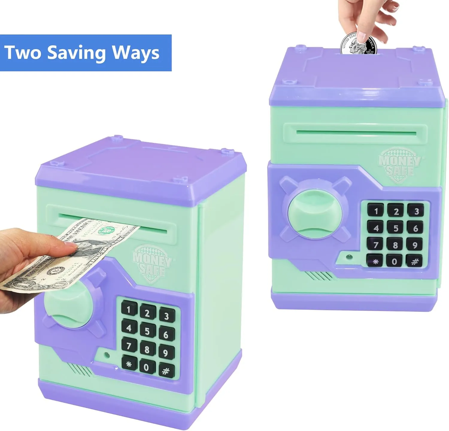 Piggy Bank Electronic Mini ATM for Kids Baby Toy, Safe Coin Banks Money Saving Box Password Code Lock for Children,Boys Girls Best Gift (Blue-Green)