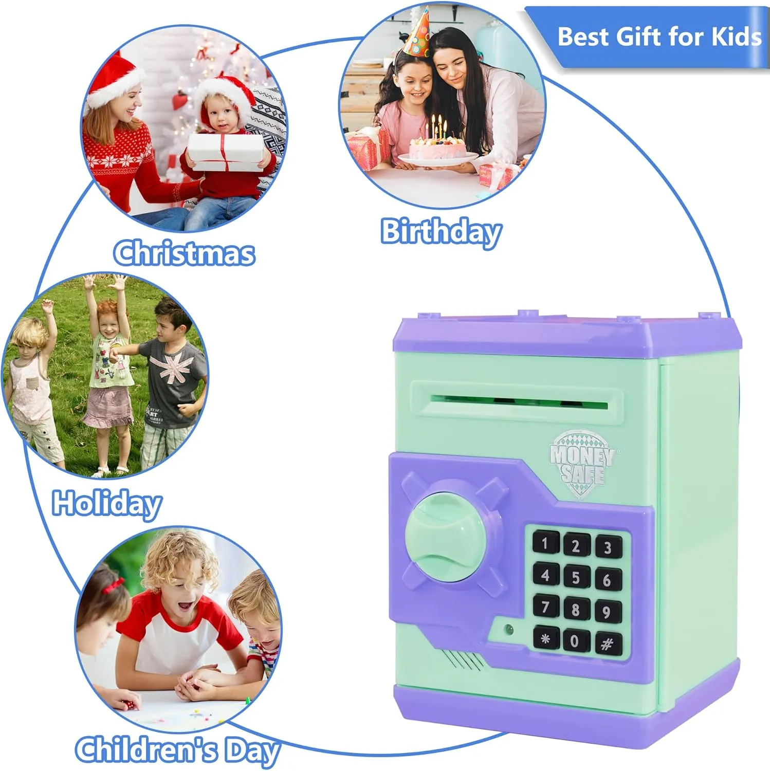 Piggy Bank Electronic Mini ATM for Kids Baby Toy, Safe Coin Banks Money Saving Box Password Code Lock for Children,Boys Girls Best Gift (Blue-Green)