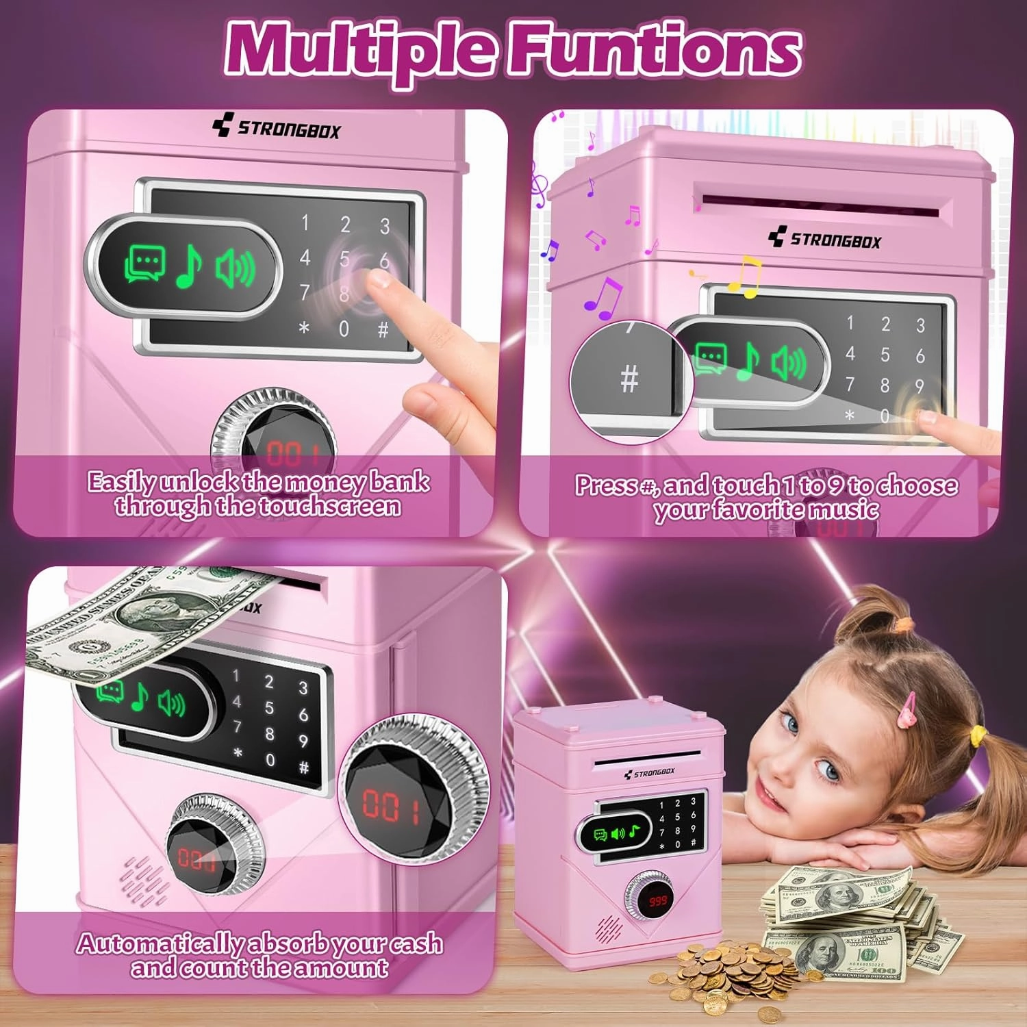 Piggy Bank for Kids, Touchscreen Money Bank Toys for 4 5 6 7 8 9 10 11 12 13 Year Old Boys Gift Ideas, Electronic Money Saving Box for Girls, Birthday Gifts for Boys ATM Machine for Kids