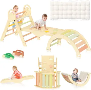 Pikler Triangle Set, Baby Climbing Playset Toys Indoor, Jungle Gyms for Toddlers Ages 1-4, Toddler Climbing Playground with Cushion & Toy Car (Bohemia & Cushion & 2Car)