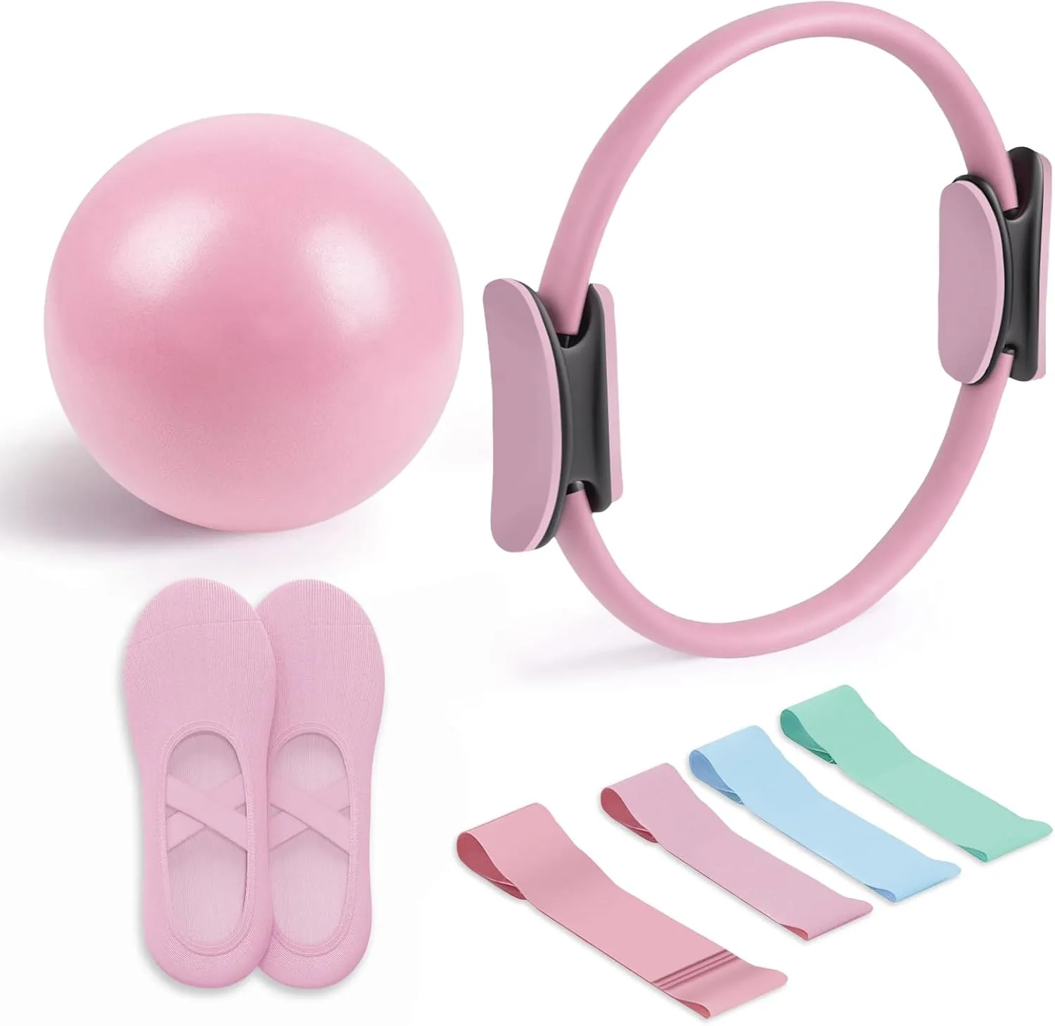 Pilates Essential Kit - Portable Fitness Equipment - with Toning Pilates Ring & Long Resistance Bands & Pilates Loop Bands & Soft Pilates Ball & Pilates Grip Socks
