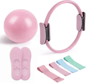 Pilates Essential Kit - Portable Fitness Equipment - with Toning Pilates Ring & Long Resistance Bands & Pilates Loop Bands & Soft Pilates Ball & Pilates Grip Socks