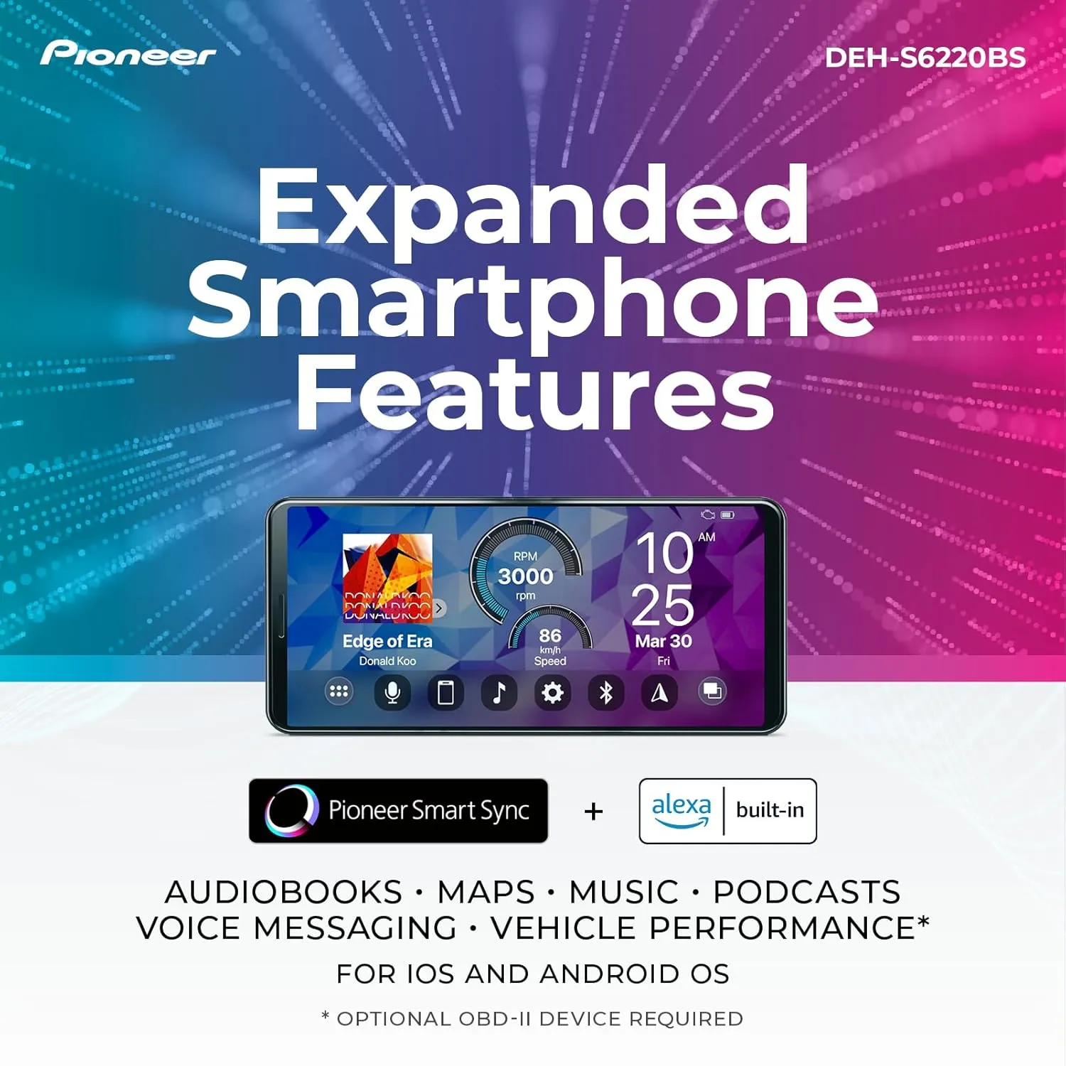 Pioneer DEH-S6220BS Touchscreen Single Din Stereo Receiver Bluetooth CD Player USB/AUX Inputs Apple Android Compatibility Hands-Free Calling