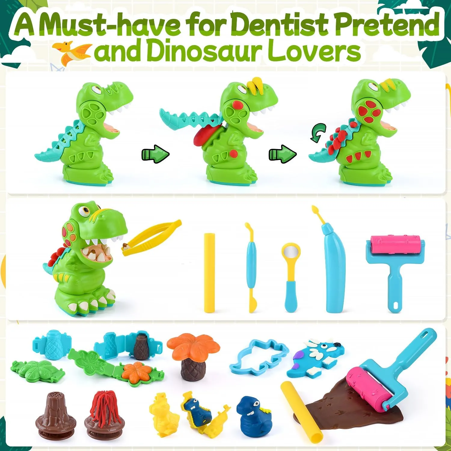 PLAY Dinosaur Clay Sets for Ages Kids 4-8 - Color Dough Toys with Dentist Play Set, 15 Dough Tool Set with Volcano, Dinosaur Footprint Roller and Tree, 2 oz Cans/6 Total, Multicolor