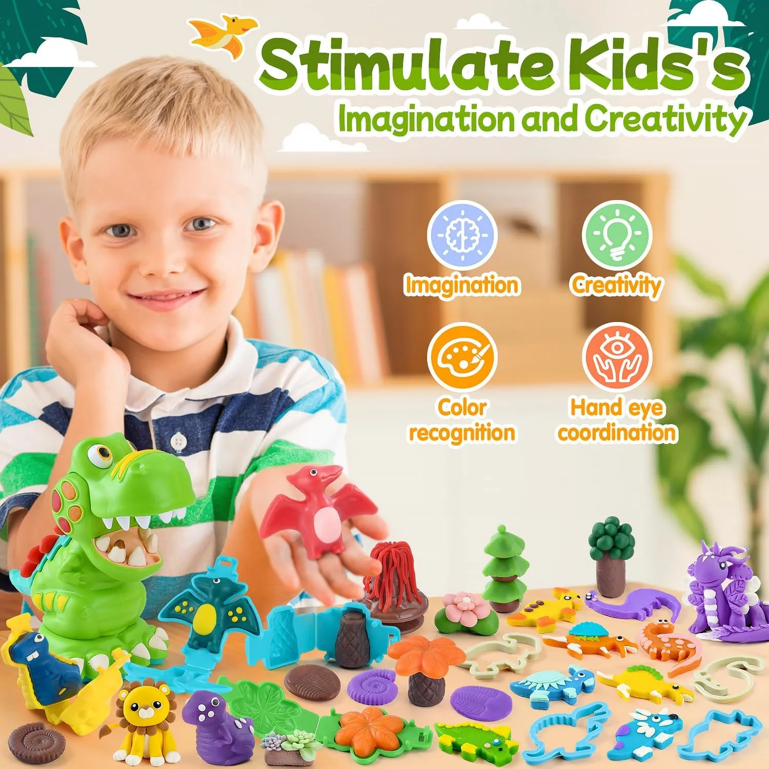 PLAY Dinosaur Clay Sets for Ages Kids 4-8 - Color Dough Toys with Dentist Play Set, 15 Dough Tool Set with Volcano, Dinosaur Footprint Roller and Tree, 2 oz Cans/6 Total, Multicolor