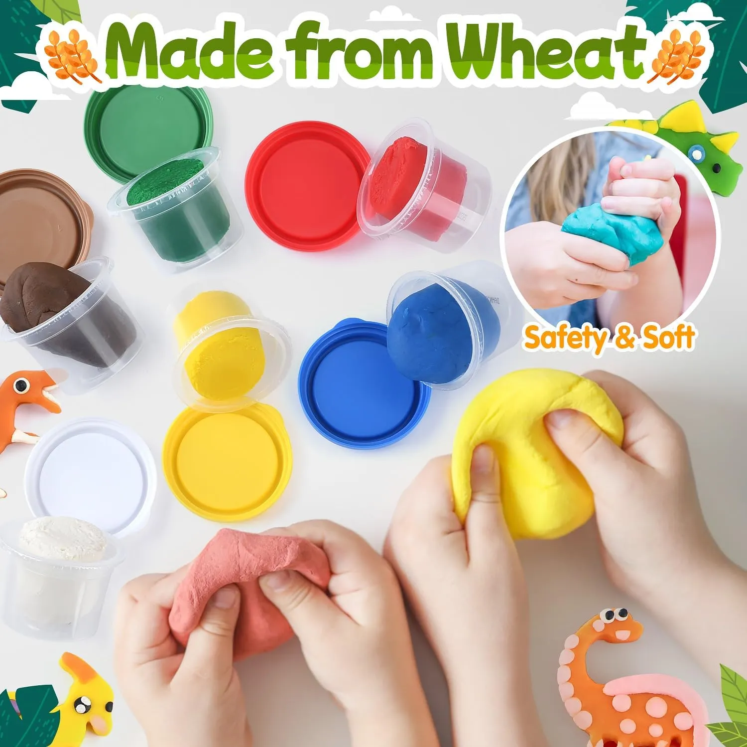 PLAY Dinosaur Clay Sets for Ages Kids 4-8 - Color Dough Toys with Dentist Play Set, 15 Dough Tool Set with Volcano, Dinosaur Footprint Roller and Tree, 2 oz Cans/6 Total, Multicolor
