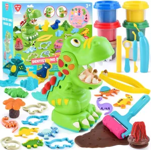 PLAY Dinosaur Clay Sets for Ages Kids 4-8 - Color Dough Toys with Dentist Play Set, 15 Dough Tool Set with Volcano, Dinosaur Footprint Roller and Tree, 2 oz Cans/6 Total, Multicolor