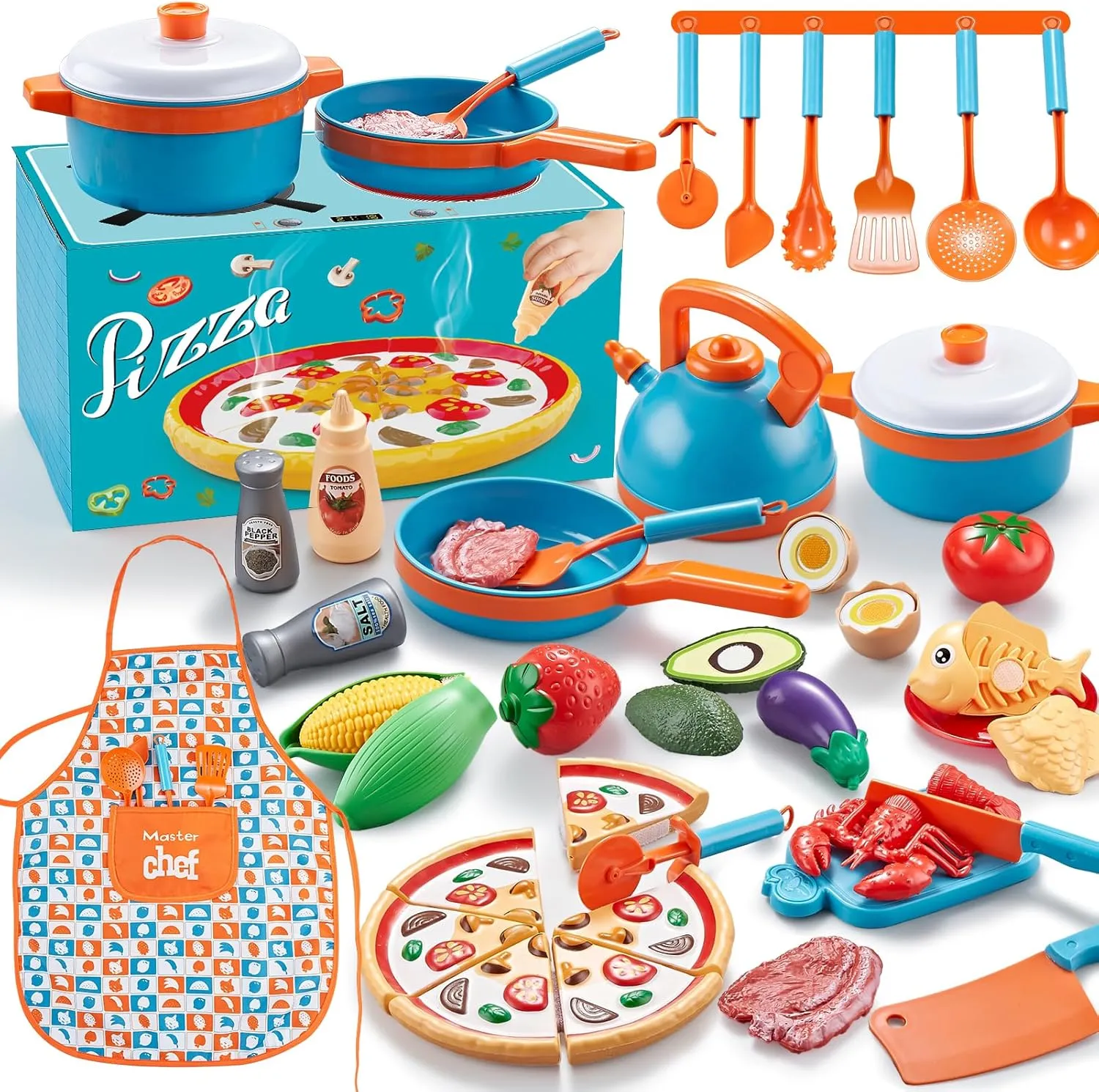 Play Kitchen Accessories - 46Pc Kids Kitchen Playset with Kids Pots and Pans Playset, Pizza Toy, Play Food with Play Fruit Veggies, Kitchen Toys, Cooking Utensils Toy, Apron, Boys Girls Gift
