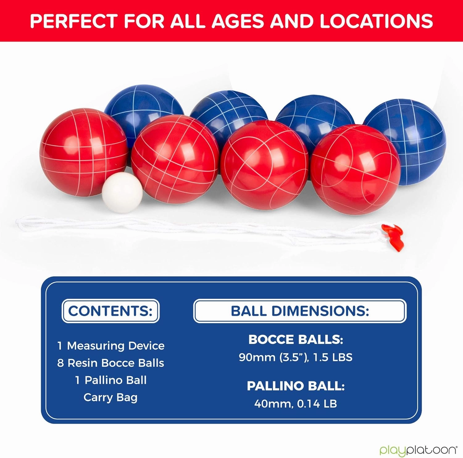 Play Platoon Bocce Ball Set 84mm/90mm/100mm with 8 Premium Bocce Balls, Pallino, Carry Bag & Measuring Rope - Choose Between Classic Resin and Soft Sets
