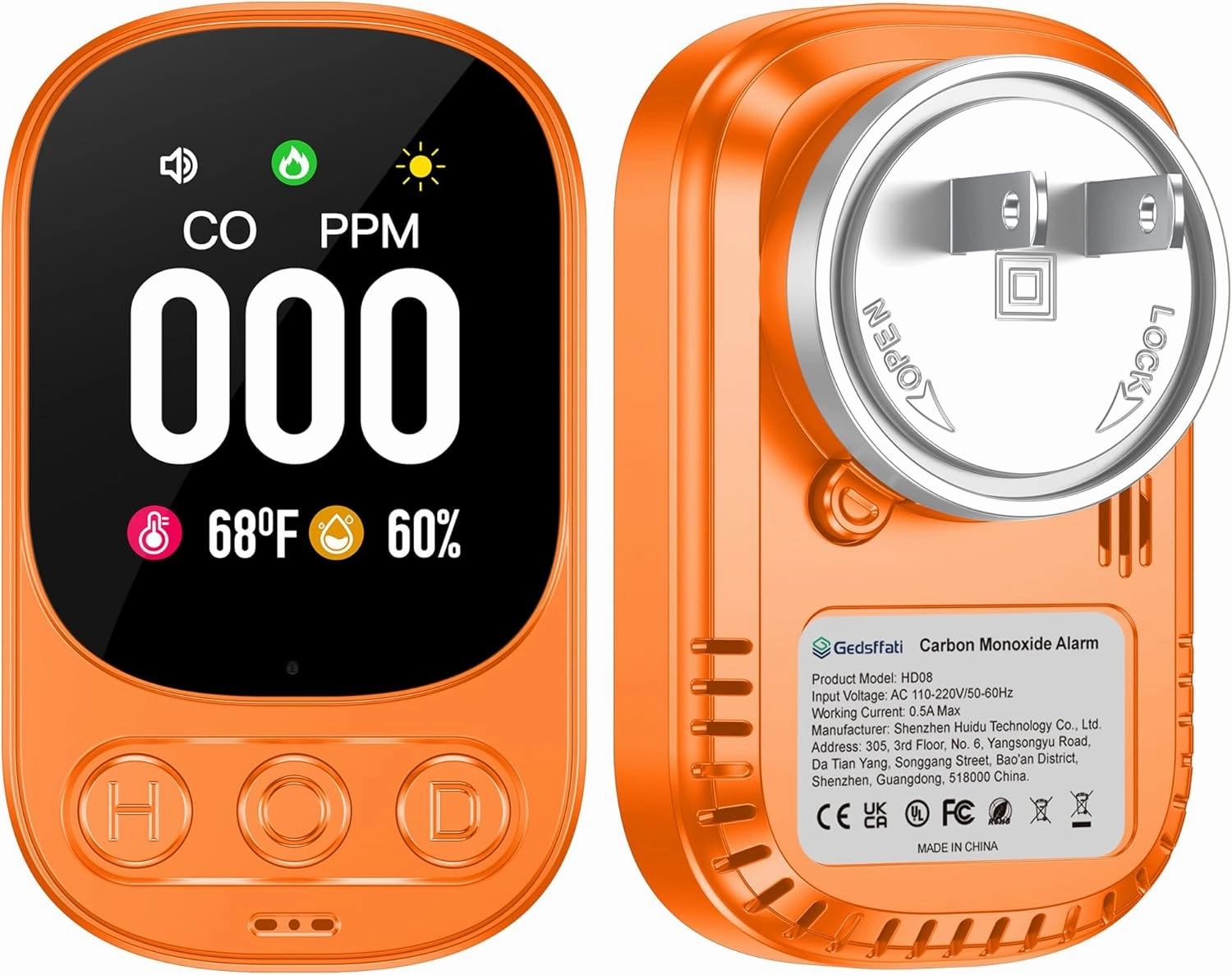 Plug in Carbon Monoxide Detector 3in1 CO Temperature Humidity Monitor with 2.1'' HD Screen & Indicator Visual&Audible Alarm for Home Travel Hotel RV (Orange)