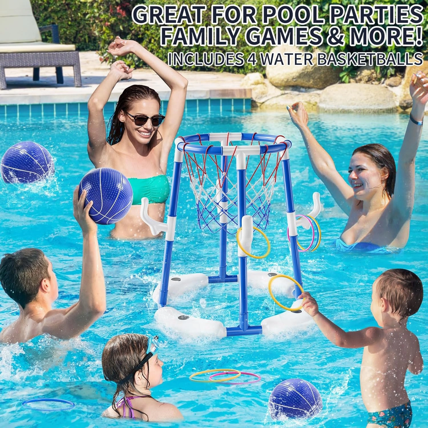 Pool Basketball Hoop, 2-in-1 Floating Pool Toys Ring Game with 4 Balls and Pump, Outdoor Swimming Pool Basketball Games Water Play Toy Family Party for Kids Adults Age 3-12 (Blue)