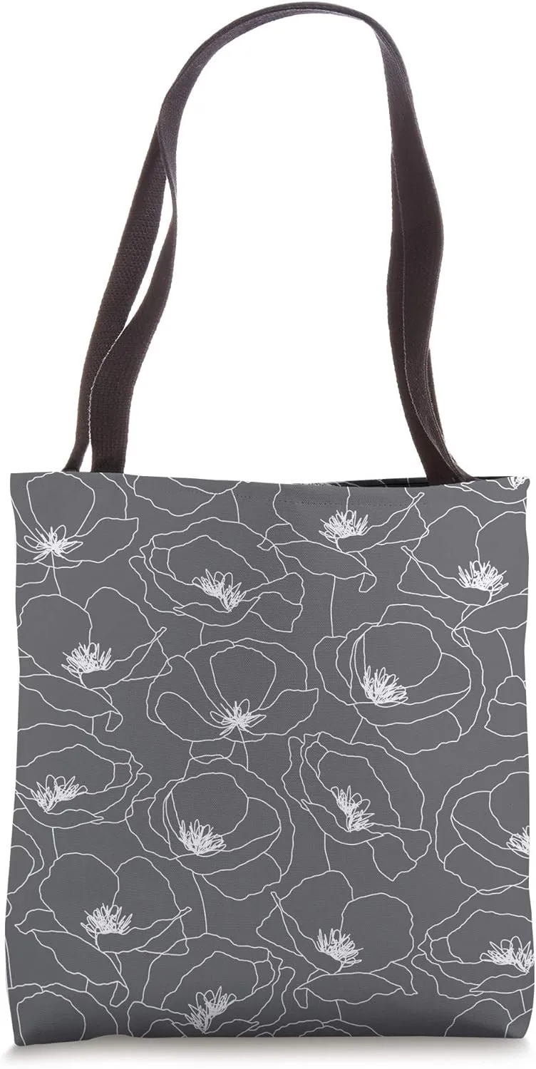 Poppy Flower Floral Pattern Line Art Neutral Charcoal Gray Tote Bag