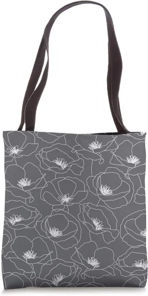 Poppy Flower Floral Pattern Line Art Neutral Charcoal Gray Tote Bag