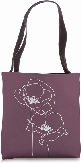Poppy Flowers Floral Nature Line Art Eggplant Purple Plum Tote Bag